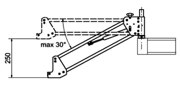 Technische Zeichnung des Bahco Gelenkarms PS-150 mit Angaben zum maximalen 30-Grad-Schwenkbereich und einer Höhenbemaßung von 250 mm.