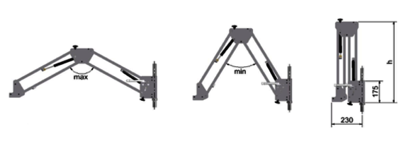 Technische Zeichnung des Bahco Parallelarms PA-150 zur Darstellung von maximaler und minimaler Auslenkung sowie Abmessungen der Standhöhe.