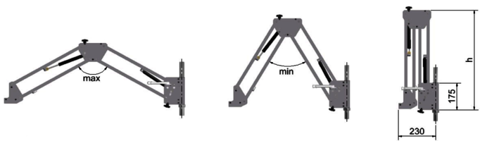 Technische Zeichnung des Bahco Parallelarms PA-75 in maximaler und minimaler Auslenkung sowie mit Höhenbemaßung.