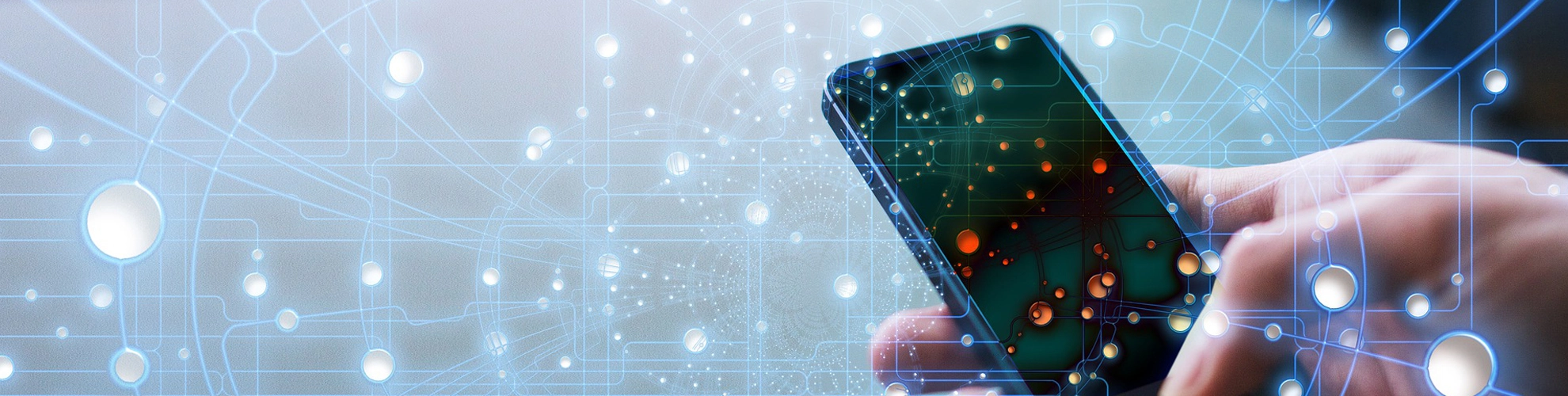 Nehmen Sie Kontakt mit uns auf - Ihr Partner für Hydraulik und Drucklufttechnik Abstraktes digitales Netzwerk um ein Smartphone in einer Hand als Symbol für den BAHCO Kundenservice