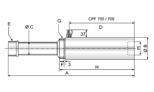Technische Zeichnung des CPF-Zugzylinders mit Bemaßung