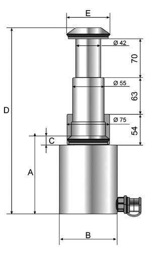 Technische Zeichnung des CT-Teleskop-Hydraulikzylinders mit Bemaßung