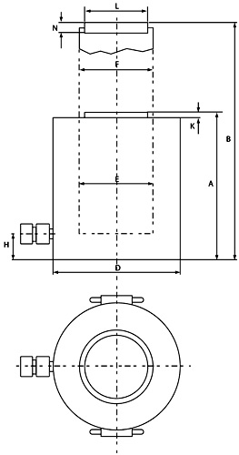 Technische Zeichnung des LESC-Hydraulikzylinders mit Bemaßung