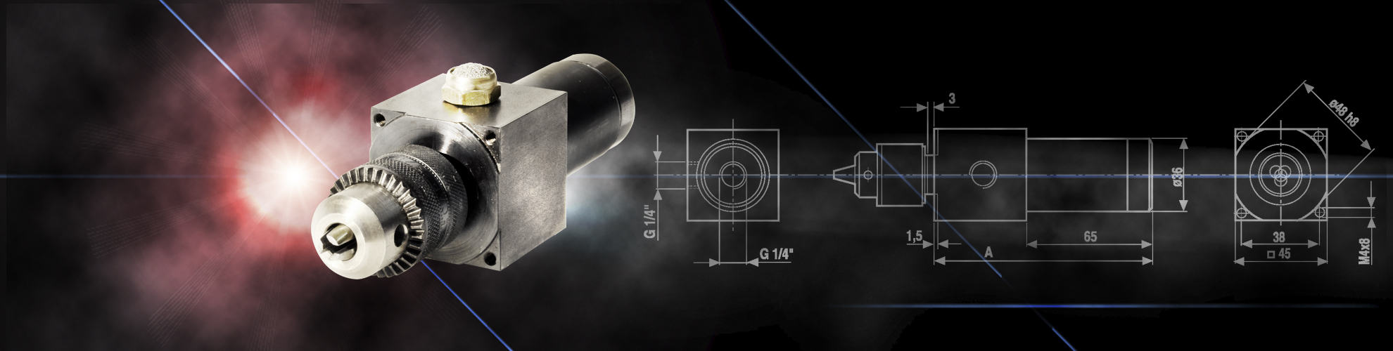 Pneumatische Bohreinheit der Serie BE 22SK mit Zahnkranz-Bohrfutter neben einer technischen CAD-Konstruktionszeichnung auf dunklem Hintergrund.