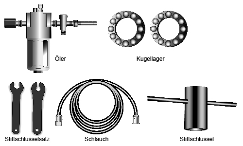 Standard-Zubehör für Turbo-100 Standard-Zubehör für TURBO-100: Öler, Kugellager, Stiftschlüsselsatz, Schlauch und Stiftschlüssel.