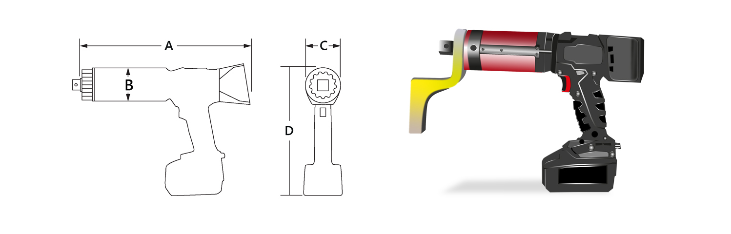 Technische Zeichnung und Maße des sensorgesteuerten Akku-Drehmomentschraubers Serie MAD-S.