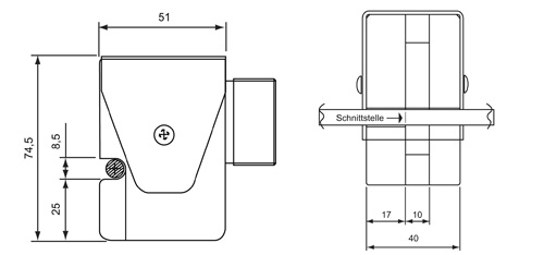 Technische Zeichnung und Maße des Werkzeugkopfs Serie TA15 (Breite 51 mm, Höhe 74,5 mm)