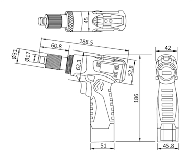 Technische Zeichnung und Abmessungen in mm des 10,8 V Akku-Pistolenschraubers