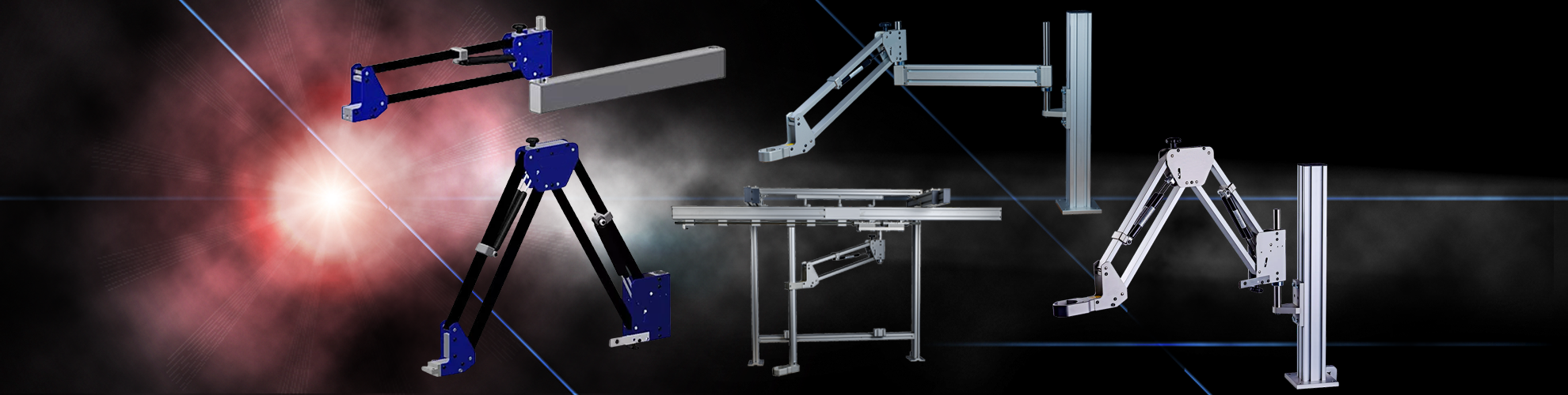 Übersicht der Bahco Heavy-Duty-Drehmomentstützen von 50 Nm bis 150 Nm mit Parallelarmen, Gelenkarmen und Schienenarmen für ergonomische Industrie-Arbeitsplätze.