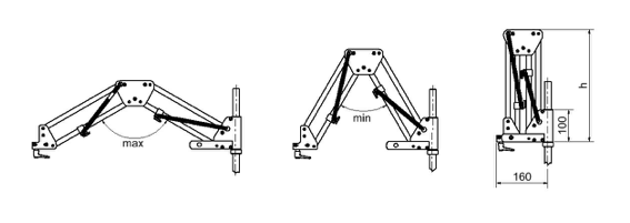 Technische Maßzeichnung des Bahco Parallelarms PA-25 zur Darstellung von Schwenkradius und Wandmontage-Maßen.