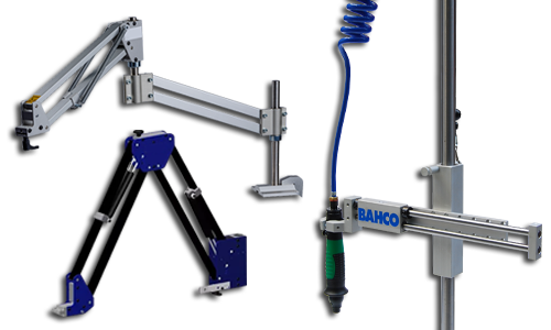 Overview of various Bahco torque arms and the WS 95 series tool stand for ergonomic workstations.