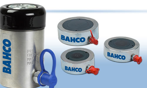 Four different BAHCO hydraulic cylinders including one high pressure cylinder and three flat short stroke cylinders on a light blue background