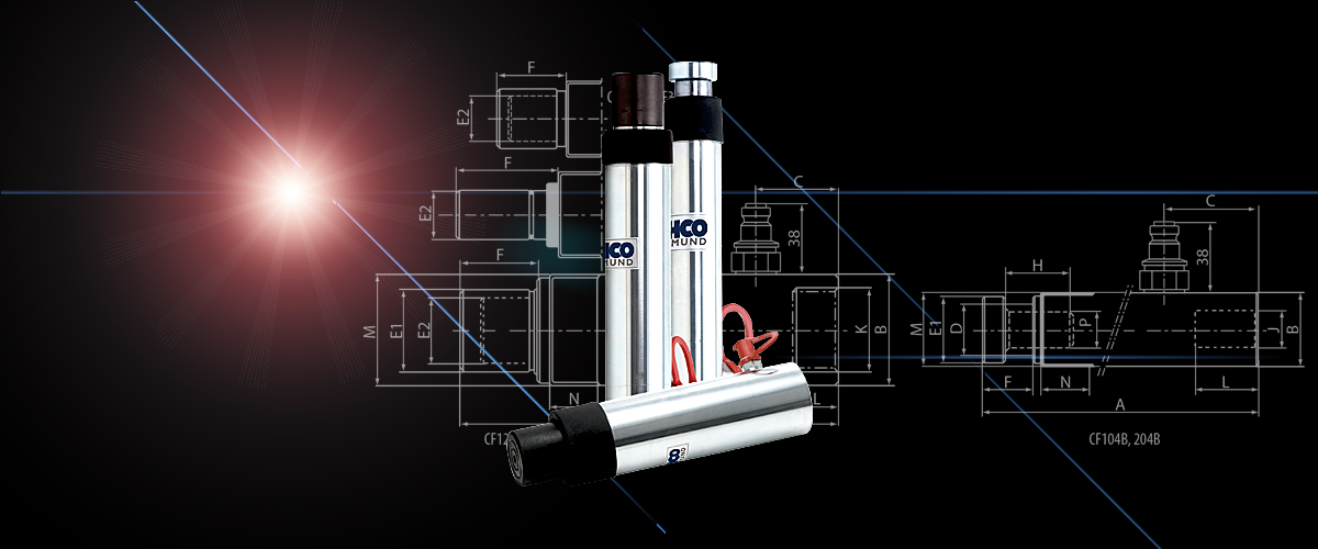 Hydraulikdruckzylinder CF und CFU Universal für 5 bis 24 Tonnen mit technischen Details Drei silberne Hydraulikdruckzylinder der Serien CF und CFU Universal für 5 bis 24 Tonnen vor einer technischen Zeichnung mit Maßen