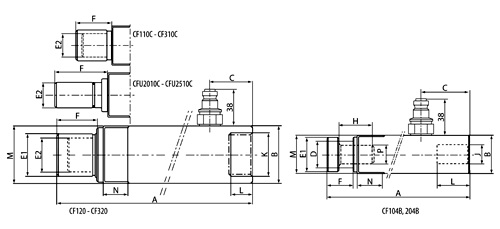 Technische Daten und Maße der Bahco Hydraulikzylinder Serien CF und CFU Technische Zeichnung mit Maßen und Bemaßungen für Bahco Hydraulikzylinder der Serien CF und CFU