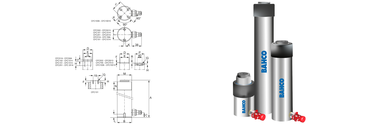 Technische Daten und Maße der Bahco Kompakt Hydraulikzylinder Serie CFC Technische Zeichnung mit Maßen und Bemaßungen für einen Bahco kompakten Hydraulikzylinder der Serie CFC mit Federrückzug