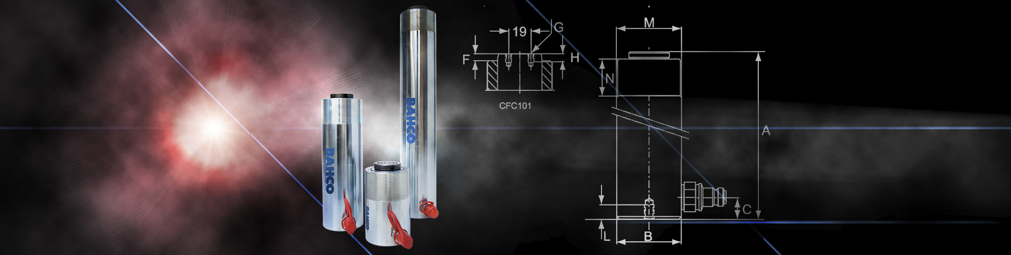 Kompakt Hydraulikdruckzylinder CFC für 5 bis 95 Tonnen mit technischen Details Mehrere blaue kompakte Hydraulikdruckzylinder der Serie CFC für 5 bis 95 Tonnen Tragkraft vor einer technischen Zeichnung