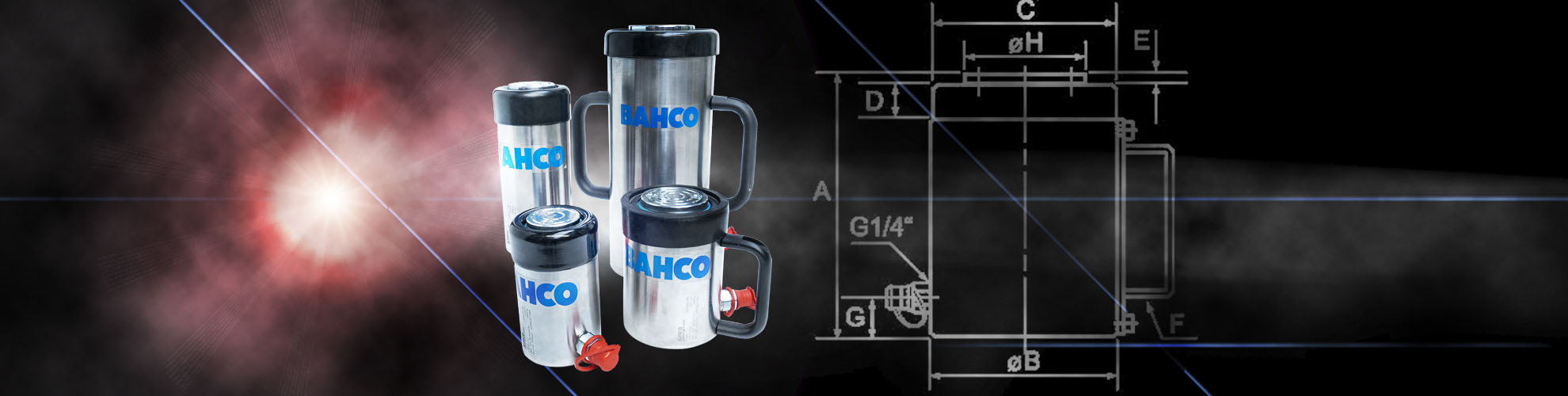 Zur Produktübersicht: Bahco CRB Hydraulikdruckzylinder aus Edelstahl Bahco Hydraulikdruckzylinder der Serie CRB aus Edelstahl mit einer technischen Konstruktionszeichnung im Hintergrund