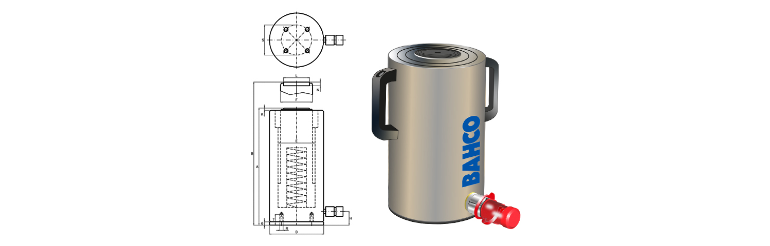 Technische Daten und Abmessungen: Bahco LAF Serie Technische Konstruktionszeichnung mit Bemaßung und Produktansicht des Bahco LAF Aluminium-Hydraulikzylinders