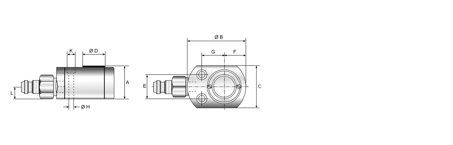 Technische Daten und Abmessungen: Bahco CLA/CKF Serie Technische Konstruktionszeichnung mit Bemaßung und Produktansicht des Bahco CLA / CKF Hydraulikflachzylinders