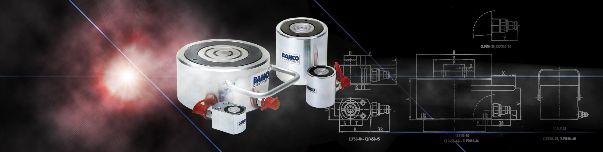 Mehrere Bahco CLF Hydraulikflach- und Kurzhubzylinder der 5-200T Serie vor einer technischen Zeichnung im Hintergrund