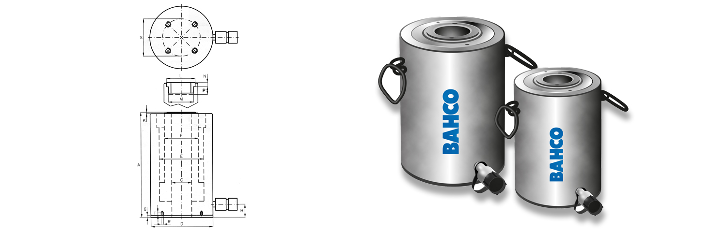 Technische Zeichnung Aluminium-Hohlkolbenzylinder Bahco LHAF Technische Zeichnung und Abmessungen der Bahco LHAF Hohlkolbenzylinder Serie